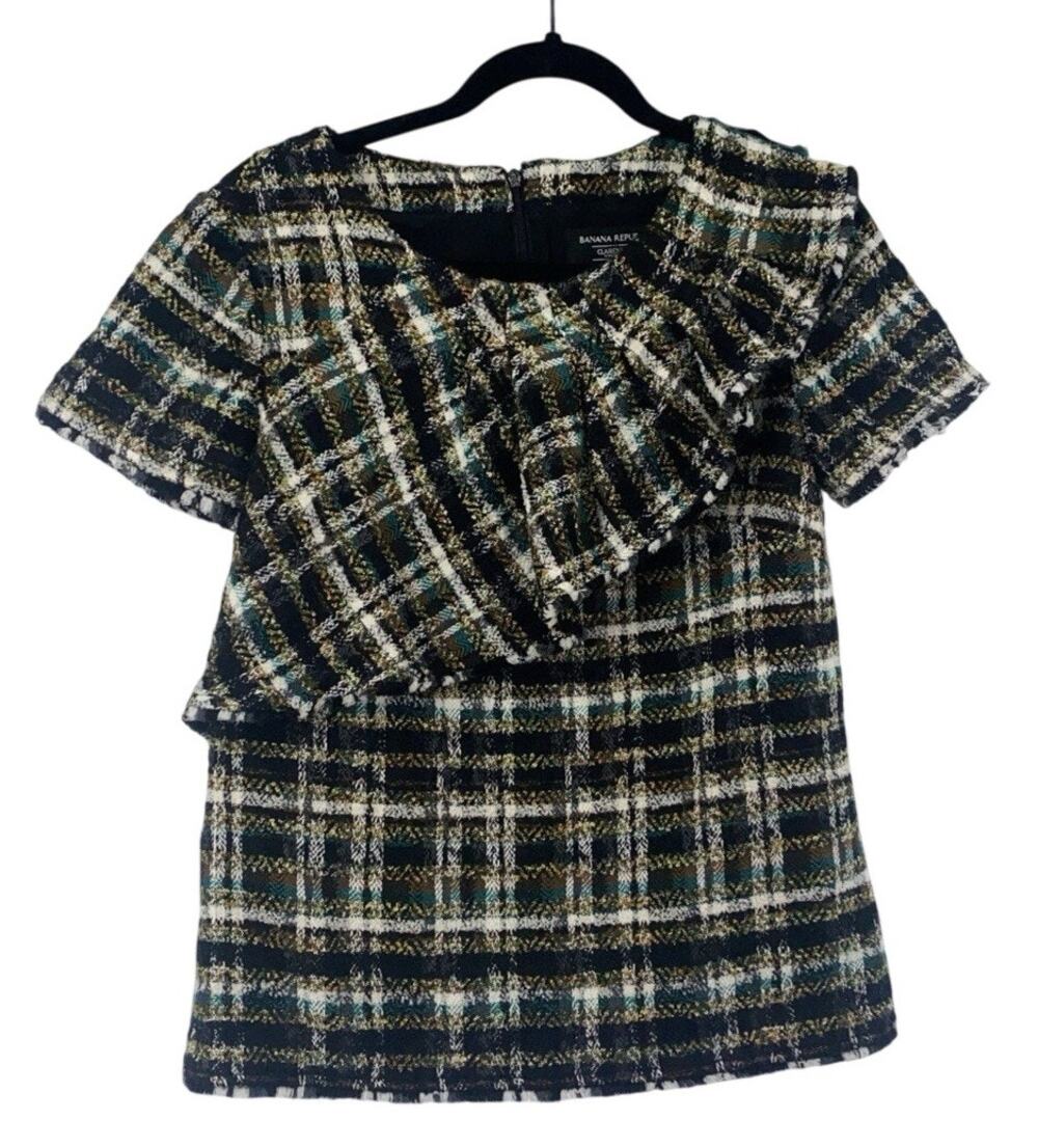 Banana Republic Clarenson Black Tweed Short Sleeve Ruffle Neck Blouse 2
